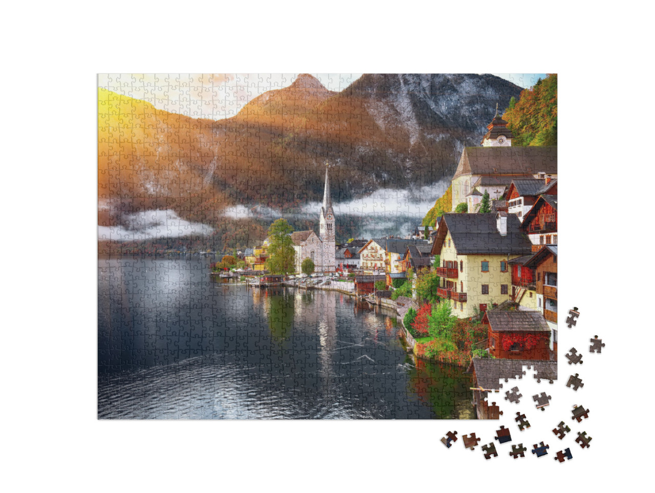 puzzle 1000 dílků „Horská vesnice Hallstatt s Hallstattským jezerem, Alpy, Rakousko“