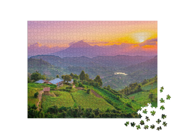 puzzle 1000 dílků „Západ slunce nad kopci a loukami v Kisoro, Uganda, Afrika“