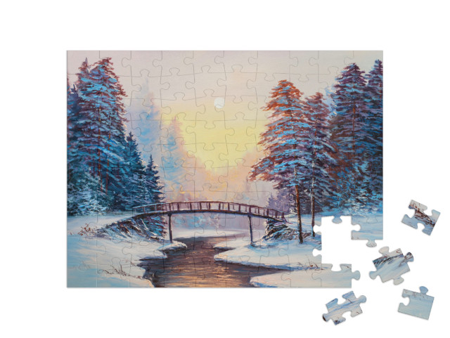 puzzle 100 dílků „Zimní krajina s řekou, originální olejomalba“