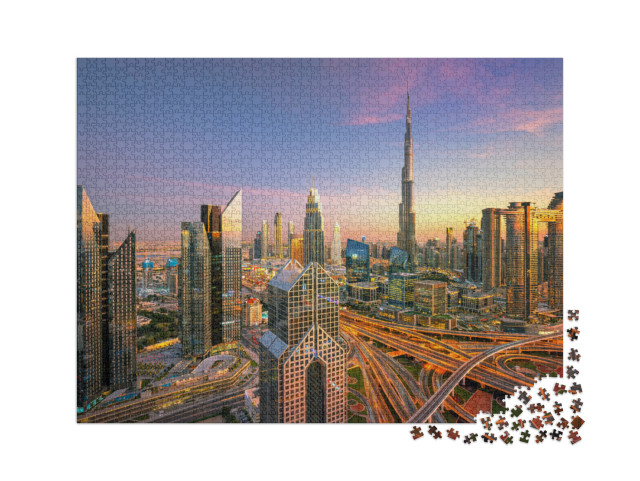 puzzle 2000 dílků „Luxusní mrakodrapy při západu slunce, panorama Dubaje“