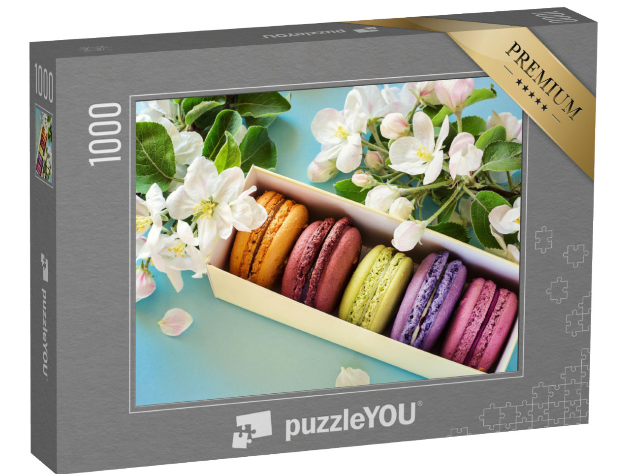puzzle 1000 dílků „Krabice barevných makronek orámovaná květy jabloní“