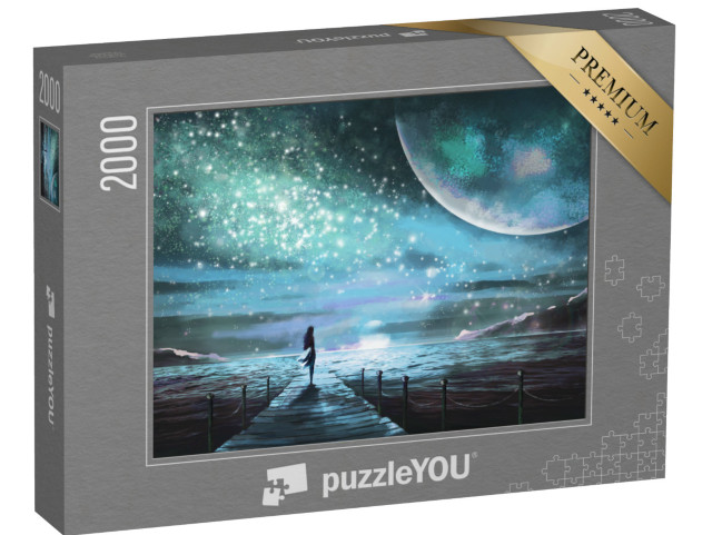 puzzle 2000 dílků „Fantasy ilustrace: Mladá žena hledící na galaxii“