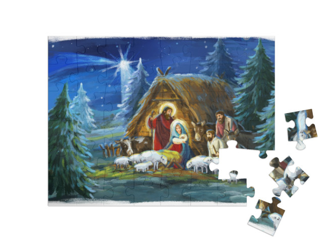 puzzle 48 dílků „Tradiční vánoční scéna se Svatou rodinou a zvířaty“