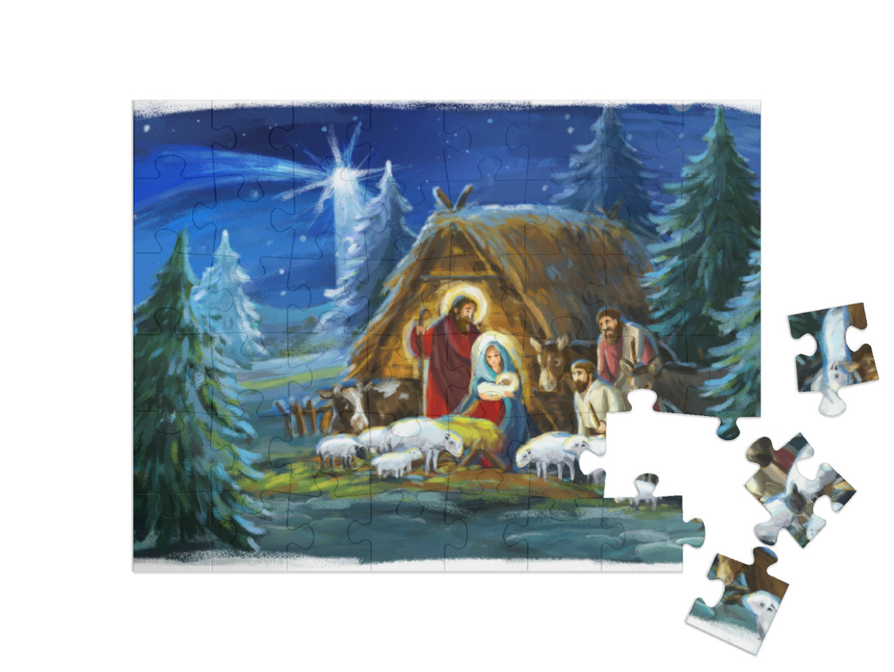 puzzle 48 dílků „Tradiční vánoční scéna se Svatou rodinou a zvířaty“