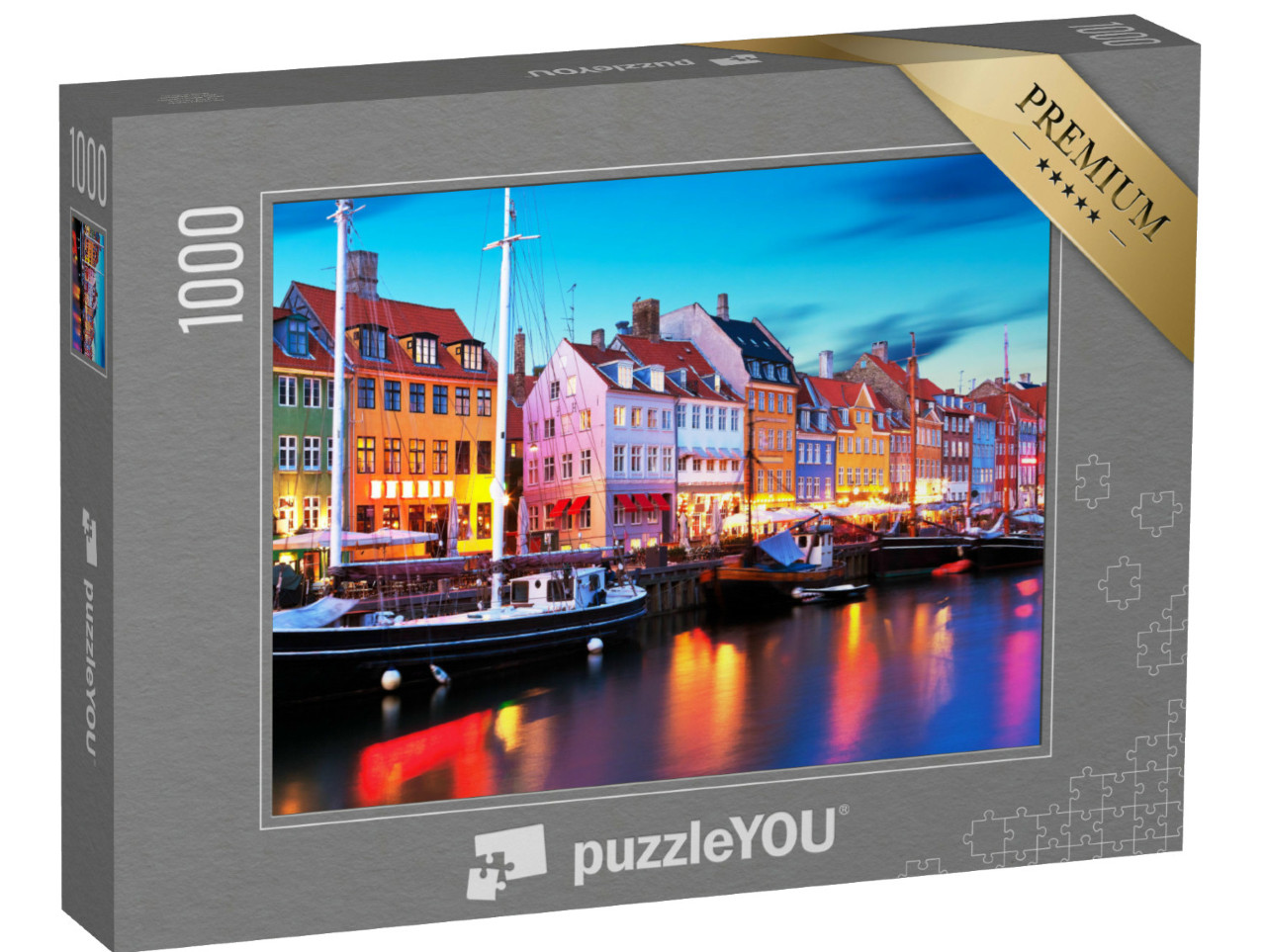 puzzle 1000 dílků „Večerní panorama na molu Nyhavn, Kodaň, Dánsko“