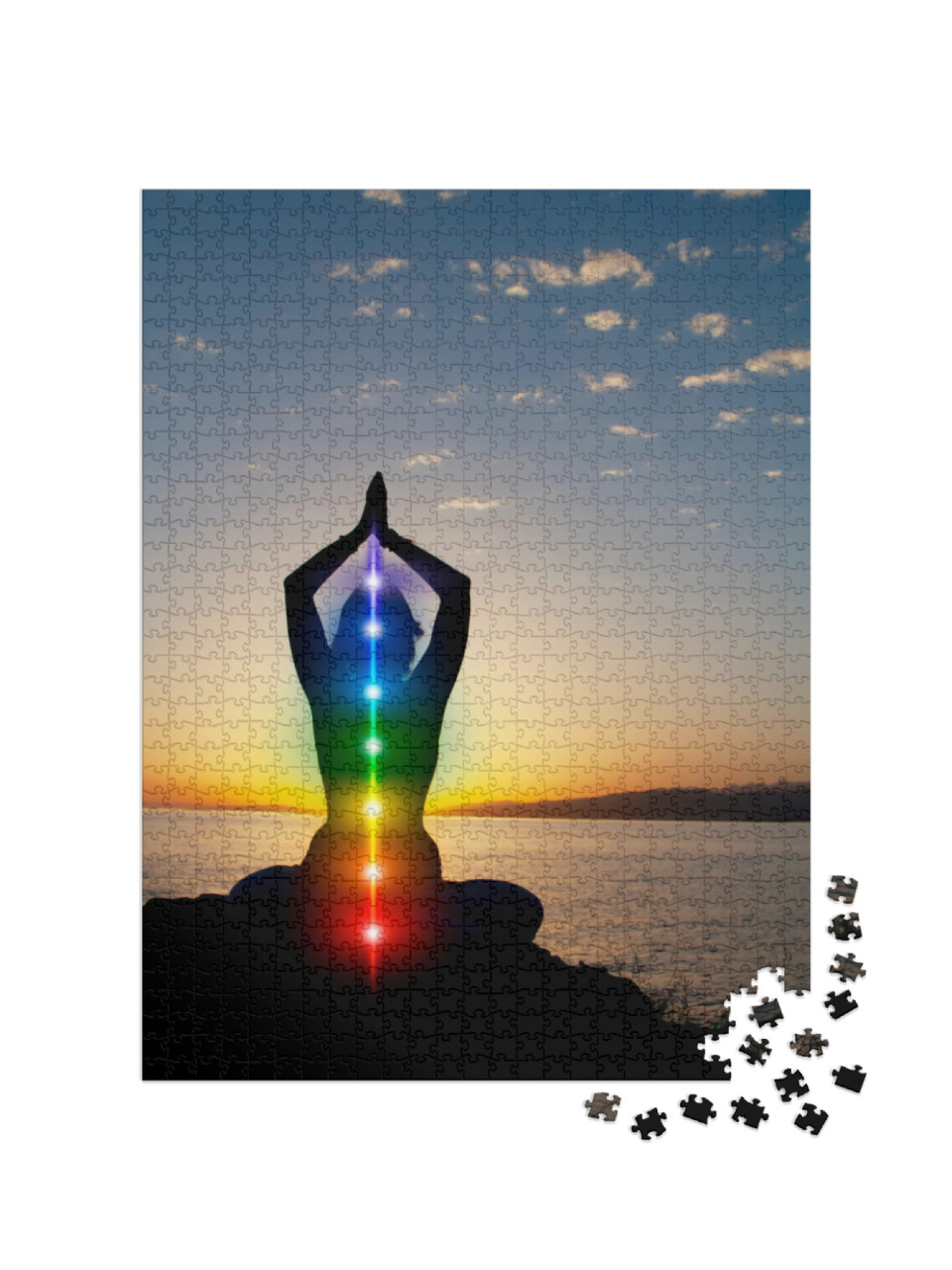 puzzle 1000 dílků „Silueta ženy sedící v lotosové pozici na pláži, jóga“