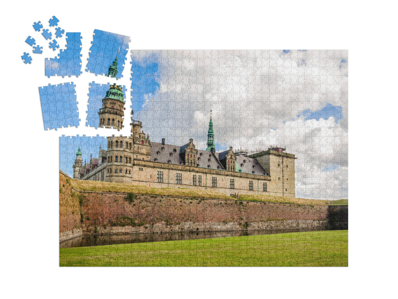 SMART SORTED® | Puzzle 1000 dílků „Panoramatický pohled na cihlovou zeď kolem hradu Kronborg, Helsingor“