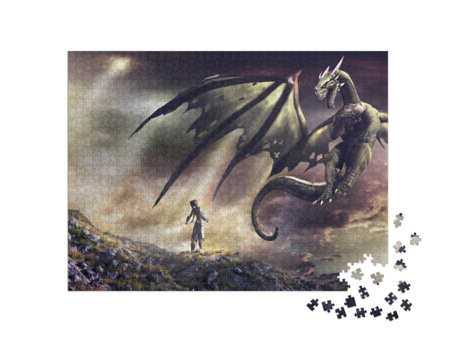 puzzle 1000 dílků „Fantasy krajina se zříceninou hradu, kouzelnicí a zeleným drakem“