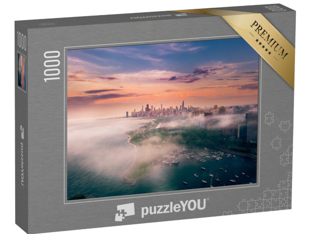 puzzle 1000 dílků „Chicago a jezero Michigan v mlze“