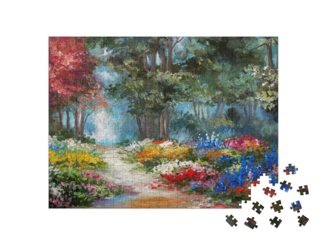 puzzle 500 dílků „Olejomalba: Lesní cesta lemovaná květinami“