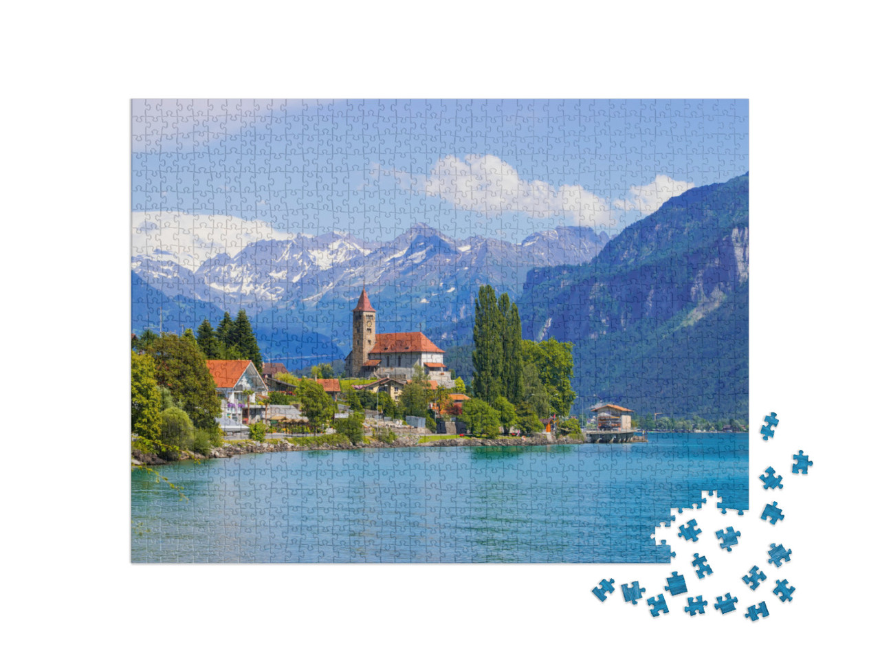 puzzle 1000 dílků „Město Brienz na Brienzském jezeře před Alpami, Interlaken, Švýcarsko“