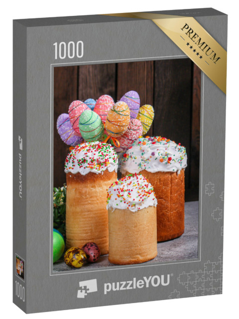puzzle 1000 dílků „Barevný velikonoční dort a kytice velikonočních vajec“