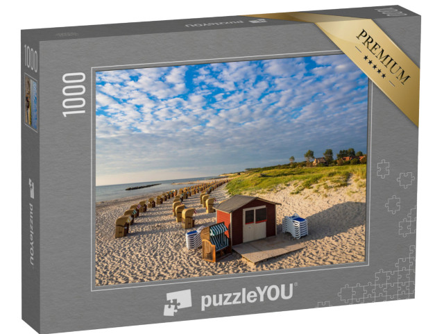 puzzle 1000 dílků „Lehátka a chatka na pláži u Baltského moře ve Wustrowě, Německo“