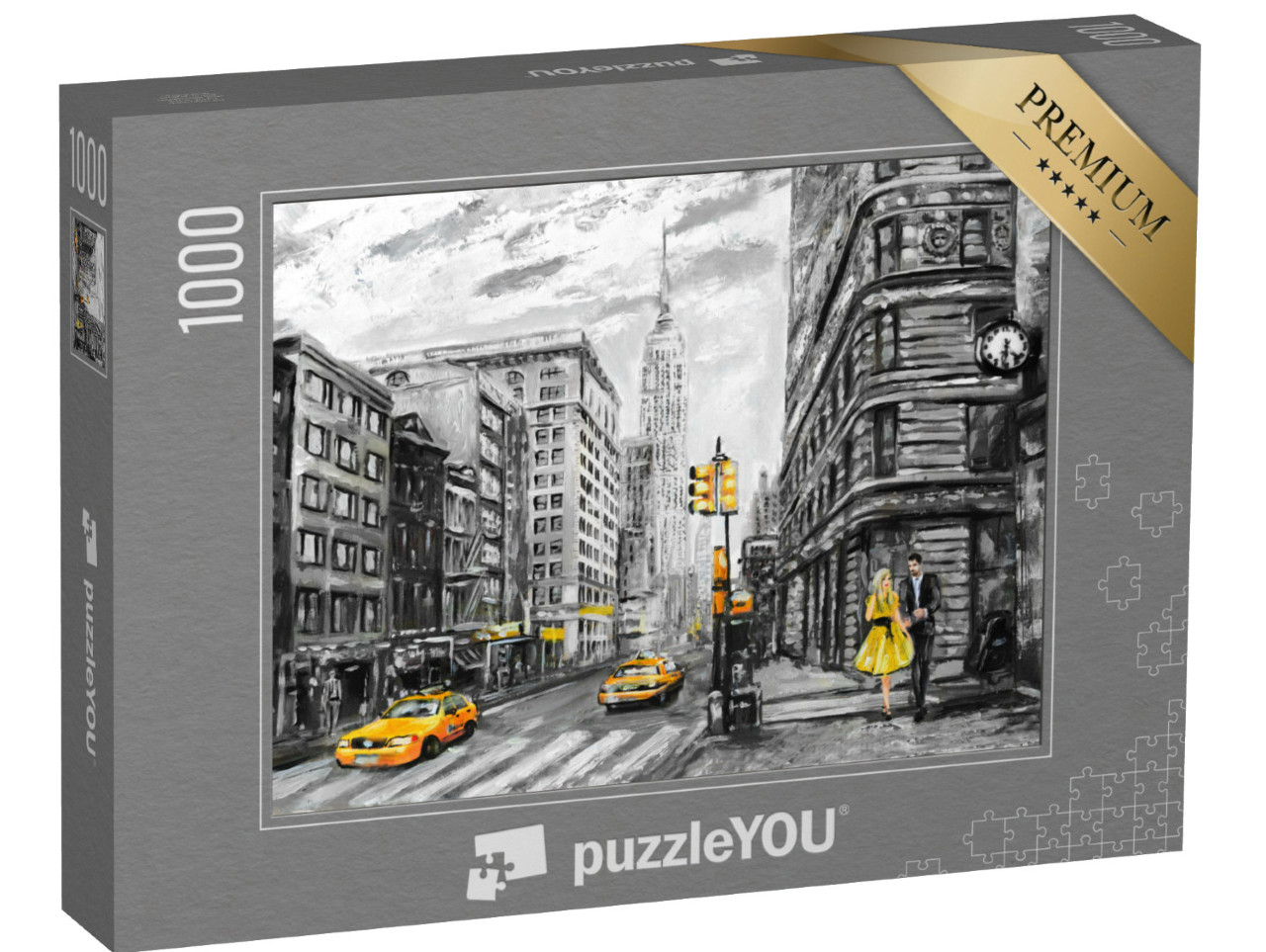 puzzle 1000 dílků „Muž, žena a žlutý taxík: olejomalba s pohledem na ulici z New Yorku“