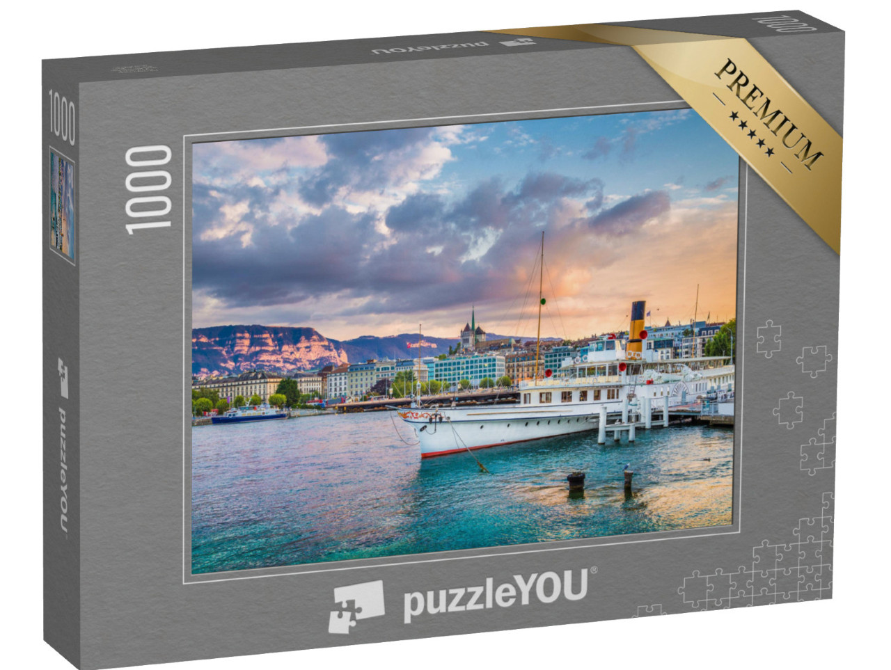 puzzle 1000 dílků „Panoramatický pohled na centrum Ženevy a Ženevské jezero, Švýcarsko“