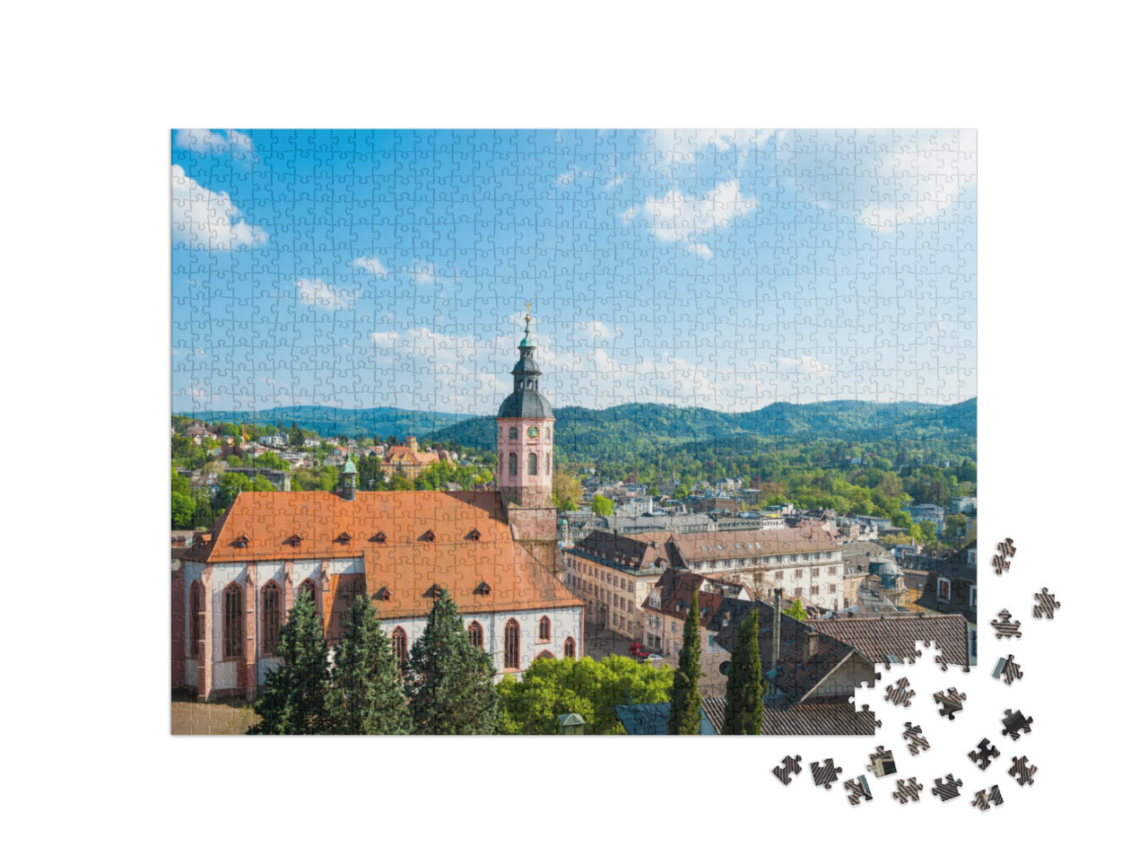 puzzle 1000 dílků „Pohled na město s kolegiátním kostelem, Baden-Baden, Německo“