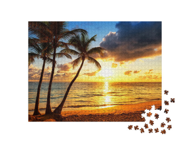 puzzle 1000 dílků „Kokosové palmy ve zlatém západu slunce“