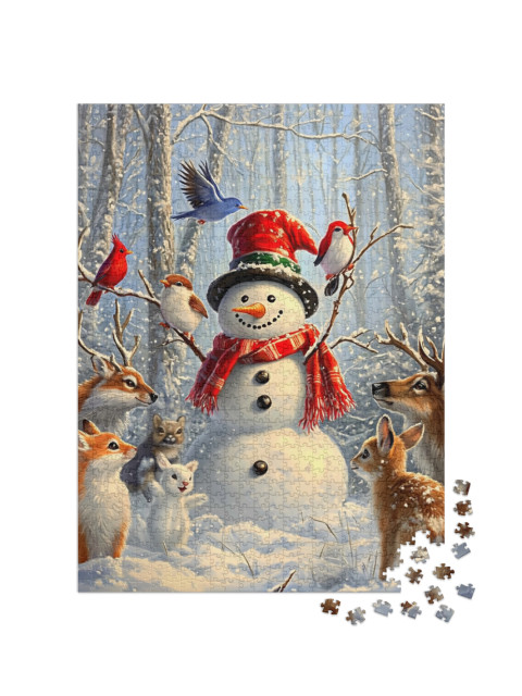 puzzle 1000 dílků „Šťastný sněhulák v lese zvířat“
