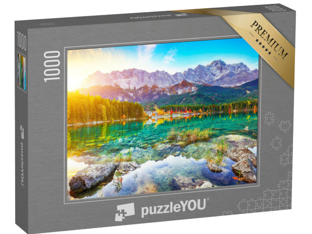 puzzle 1000 dílků „Jezero Eibsee před vrcholem Zugspitze u Garmisch-Partenkirchenu“