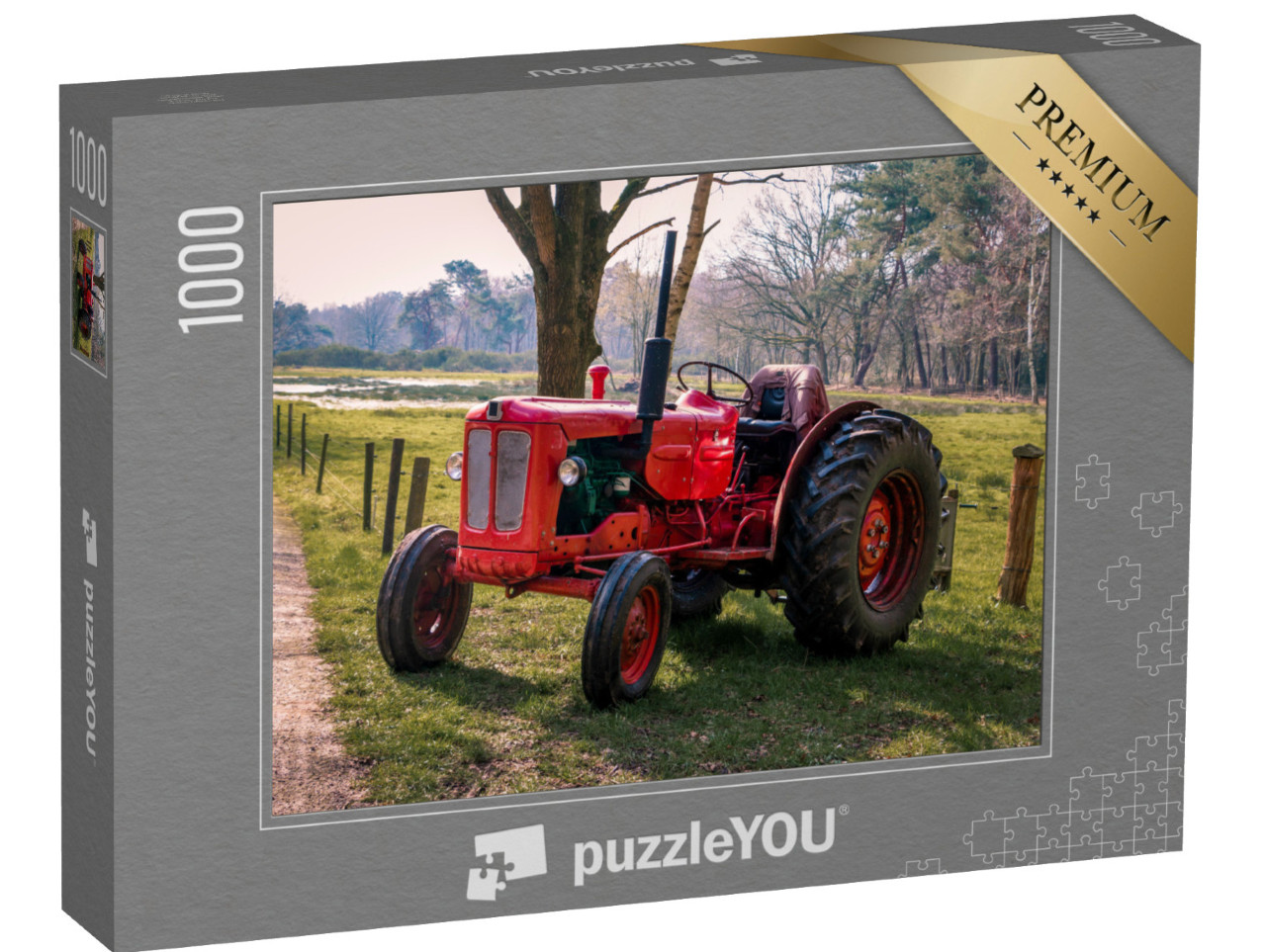 puzzle 1000 dílků „Červený historický traktor v Drenthe u Havelte“