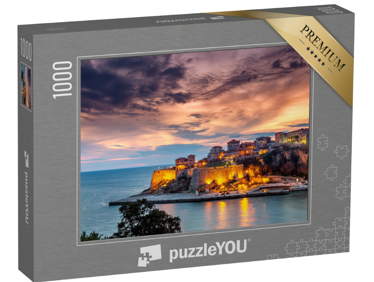 puzzle 1000 dílků „Staré město a pevnost Ulcinj, Jaderské moře, Černá Hora“