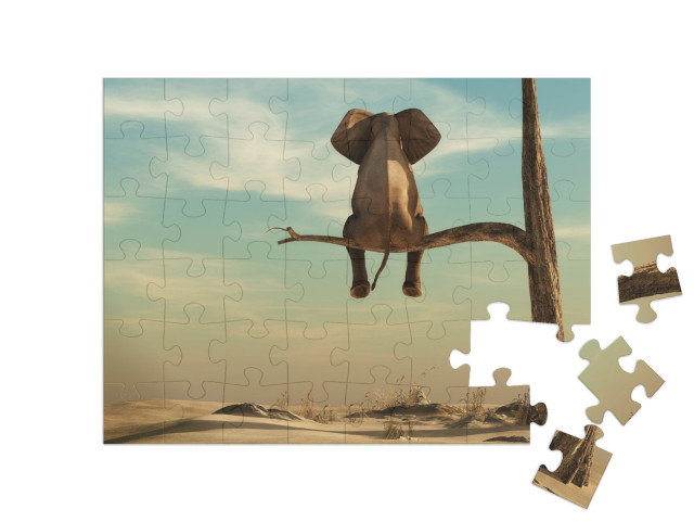 puzzle 48 dílků „Slon stojící na tenké větvi, ilustrace“