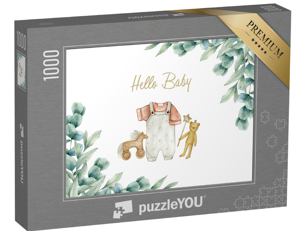 puzzle 1000 dílků „Akvarelová ilustrační karta Hello baby s eukalem“