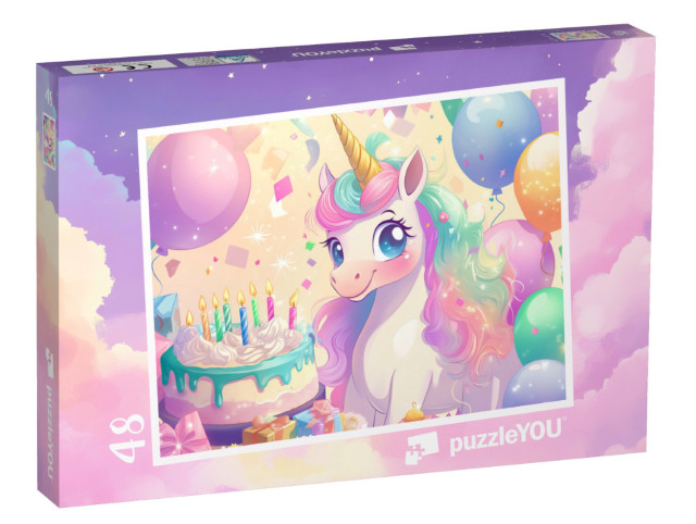 puzzle 48 dílků „Jednorožec Bella slaví narozeniny s dortem a balónky“