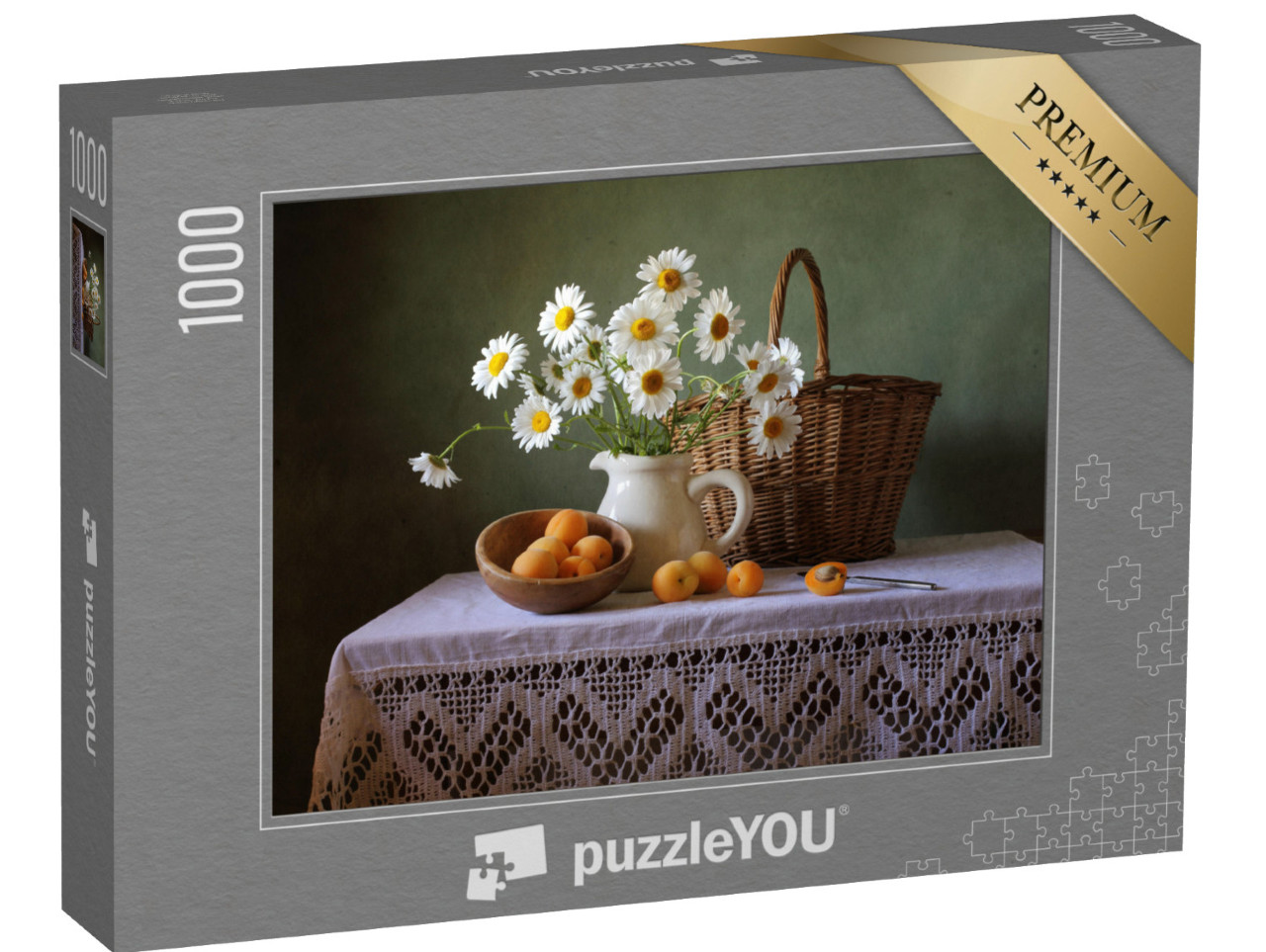 puzzle 1000 dílků „Zátiší s letní kyticí, meruňkami a dřevěným košíkem“