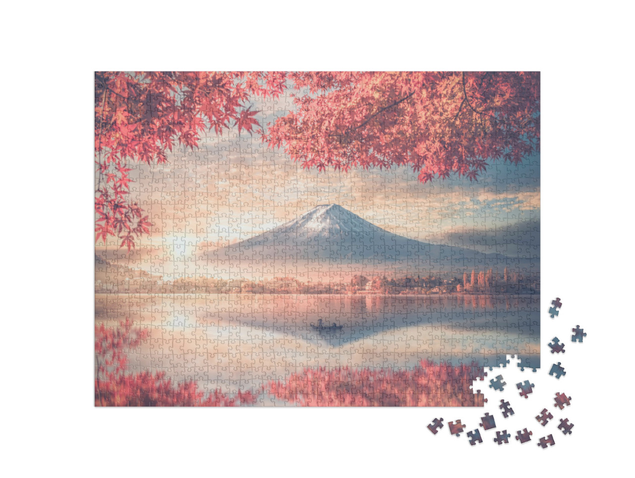 puzzle 1000 dílků „Fudži a jezero Kawaguchiko v ranní mlze, Japonsko“