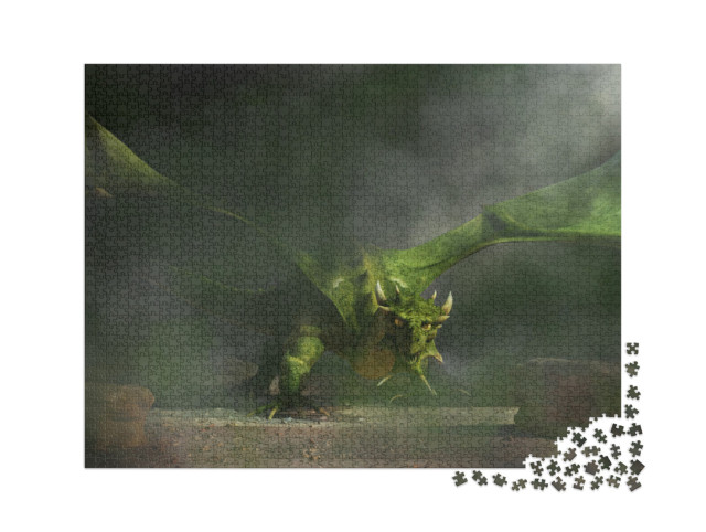 puzzle 2000 dílků „Z temného kouře a mlhy se vynoří obrovský zelený drak.“