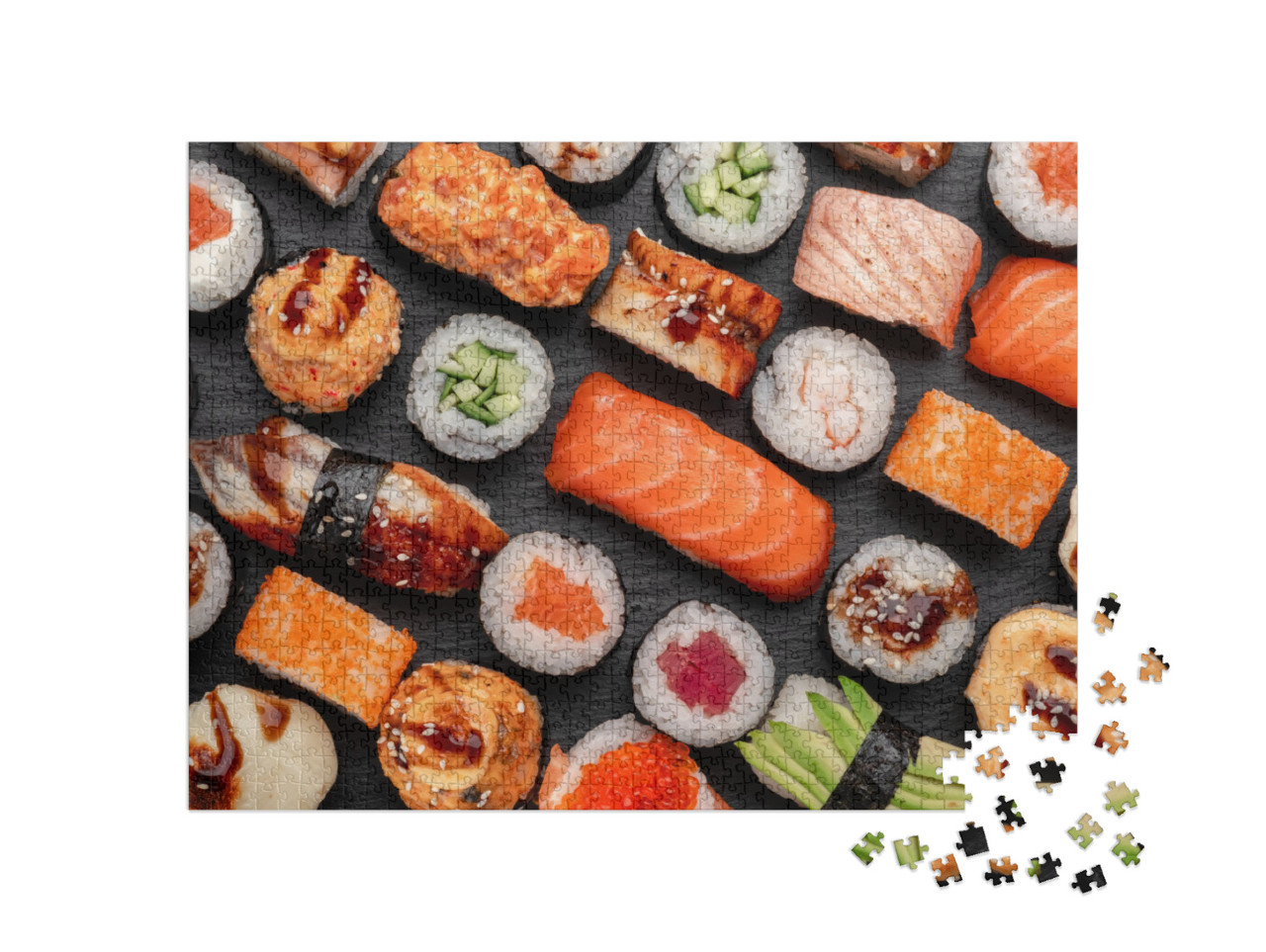 puzzle 1000 dílků „Sushi nigiri a maki na břidlicových talířích“