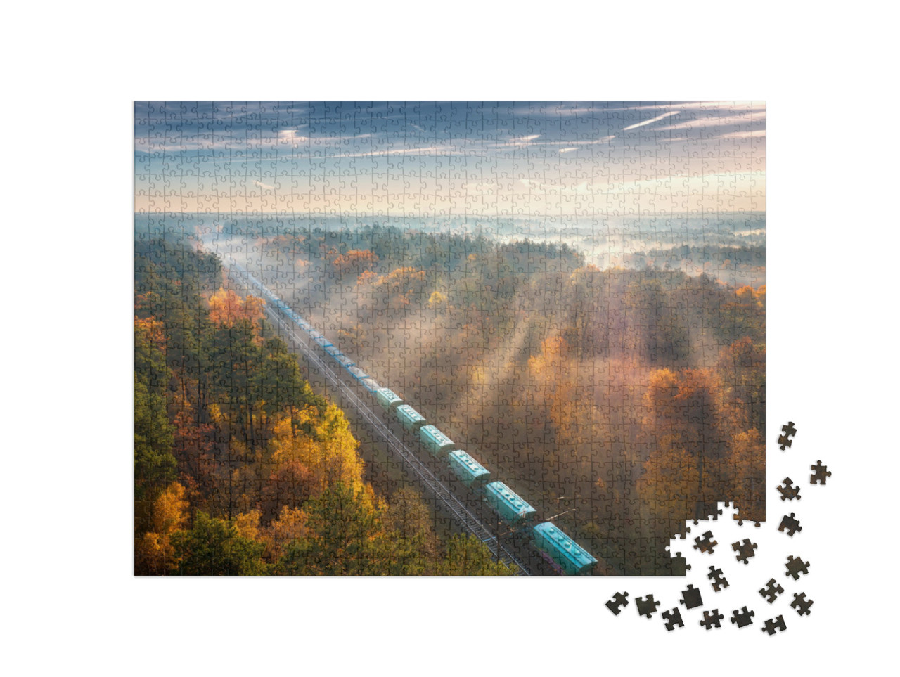 puzzle 1000 dílků „Nákladní vlak v lese při východu slunce, podzim“