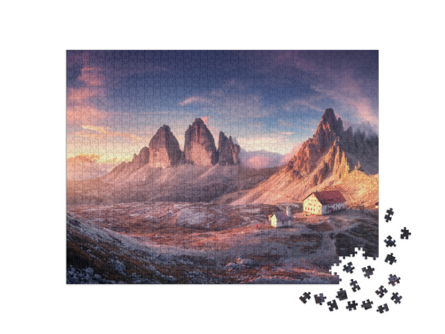 puzzle 1000 dílků „Dolomity na podzim: západ slunce v horském údolí, Alpy, Itálie“