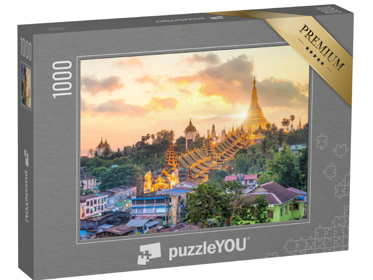 puzzle 1000 dílků „Západ slunce nad panoramatem Yangonu Shwedagon Pagoda v Myanmaru“