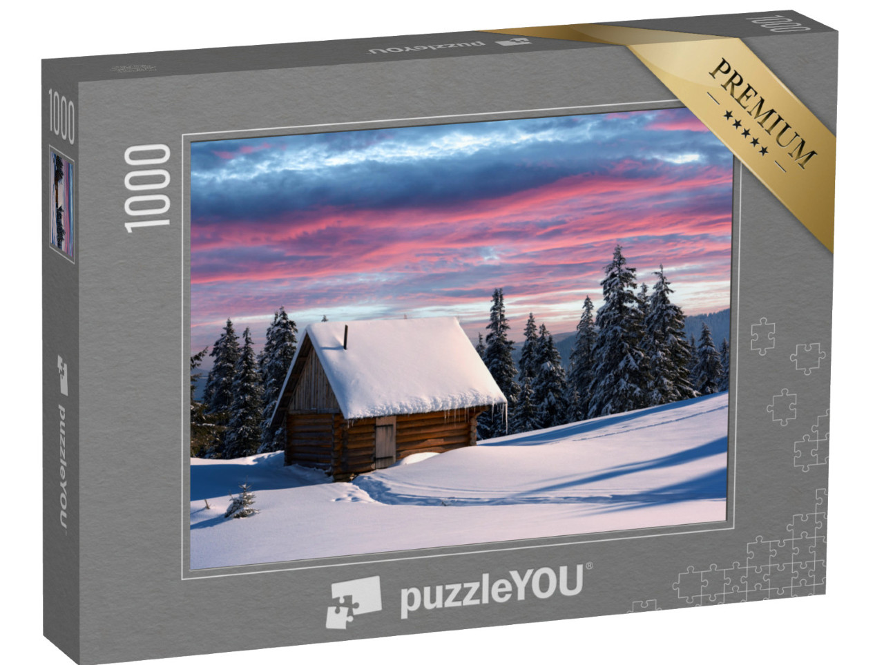 puzzle 1000 dílků „Zimní krajina s dřevěným domem, Karpaty, Ukrajina“