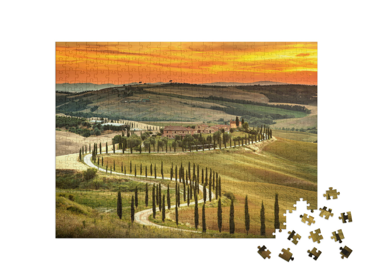 puzzle 500 dílků „Západ slunce nad krajinou Toskánska, Itálie“