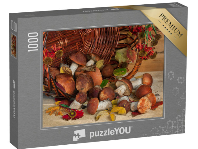 puzzle 1000 dílků „Zátiší s košíkem plným hub a divokých květin“