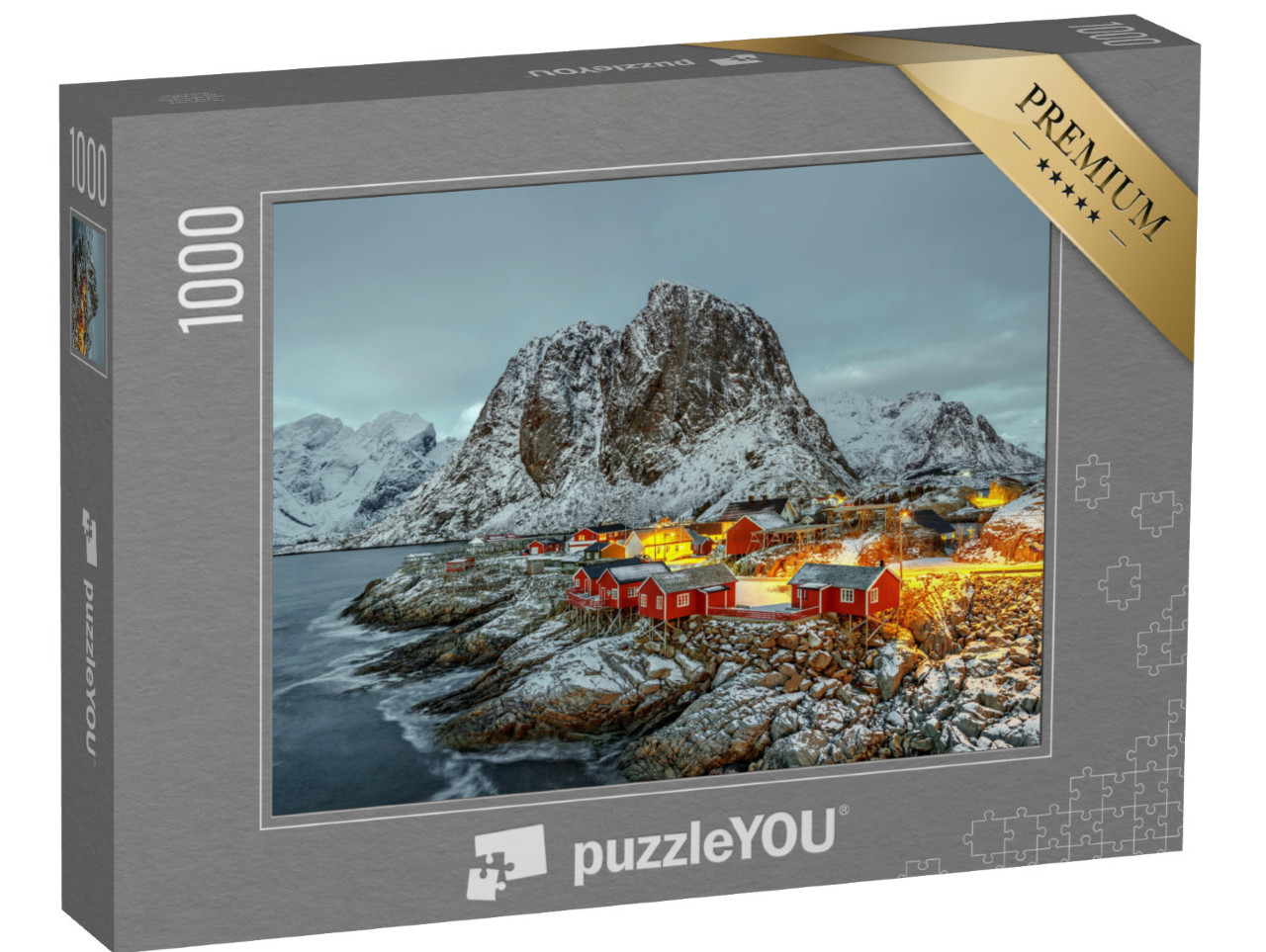 puzzle 1000 dílků „Rybářská chata při západu slunce, panorama Lofotských ostrovů, Norsko“