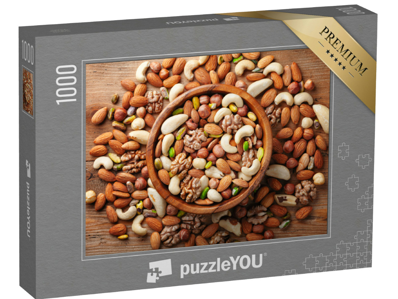 puzzle 1000 dílků „Dřevěná miska se směsí ořechů“