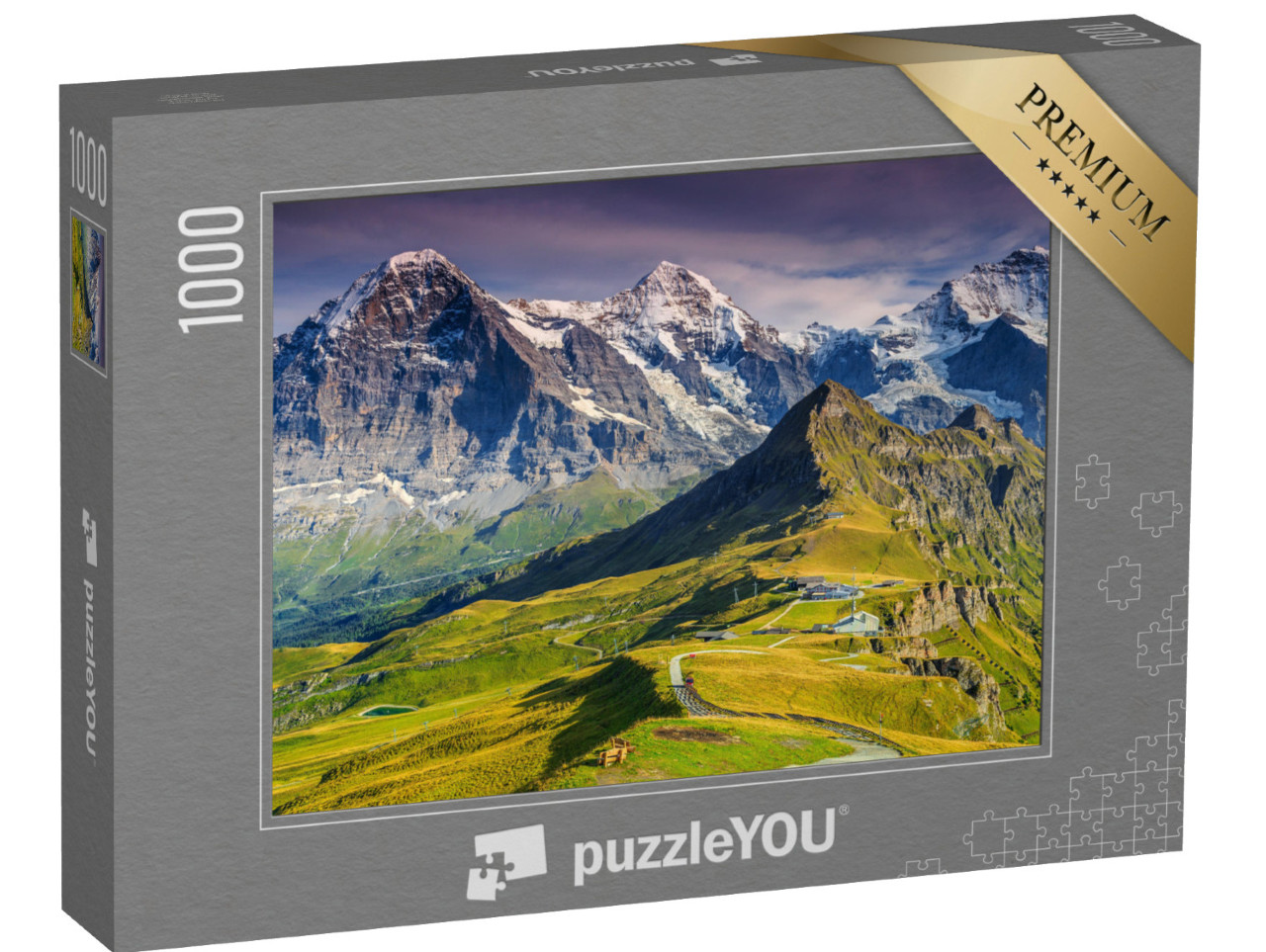 puzzle 1000 dílků „Alpské panorama s Jungfrau, Mönchem, severní stěnou Eigeru a Männlichenem, Švýcarsko“