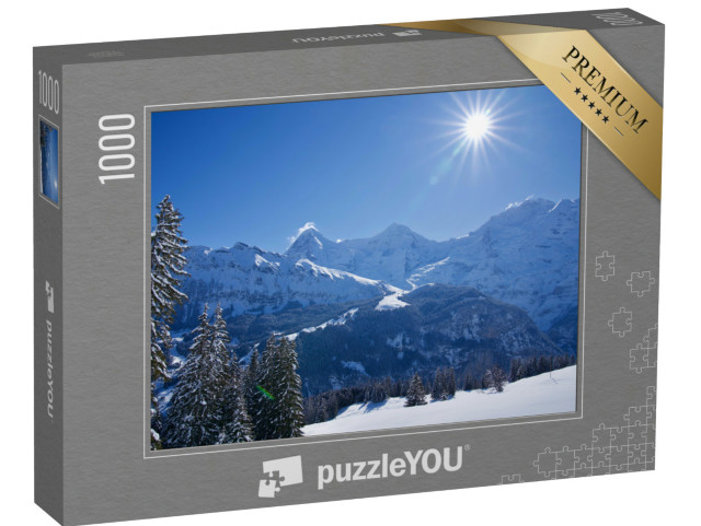 puzzle 1000 dílků „Zimní krajina se sluncem ve tvaru hvězdy, Mürren, Švýcarsko“