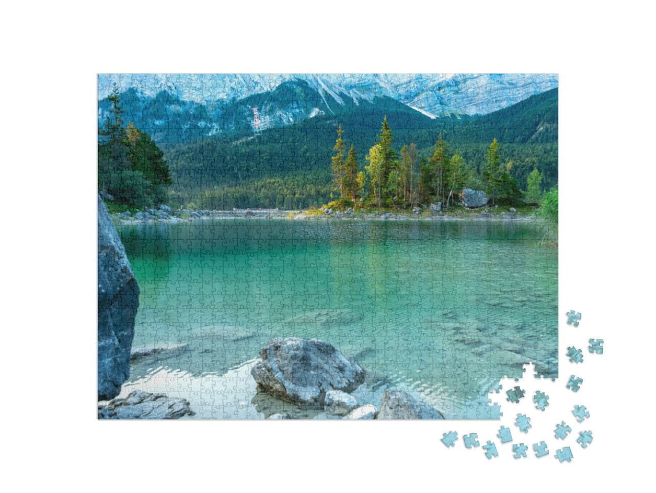 puzzle 1000 dílků „Kamenný pohled na Eibsee, Garmisch-Partenkirchen“