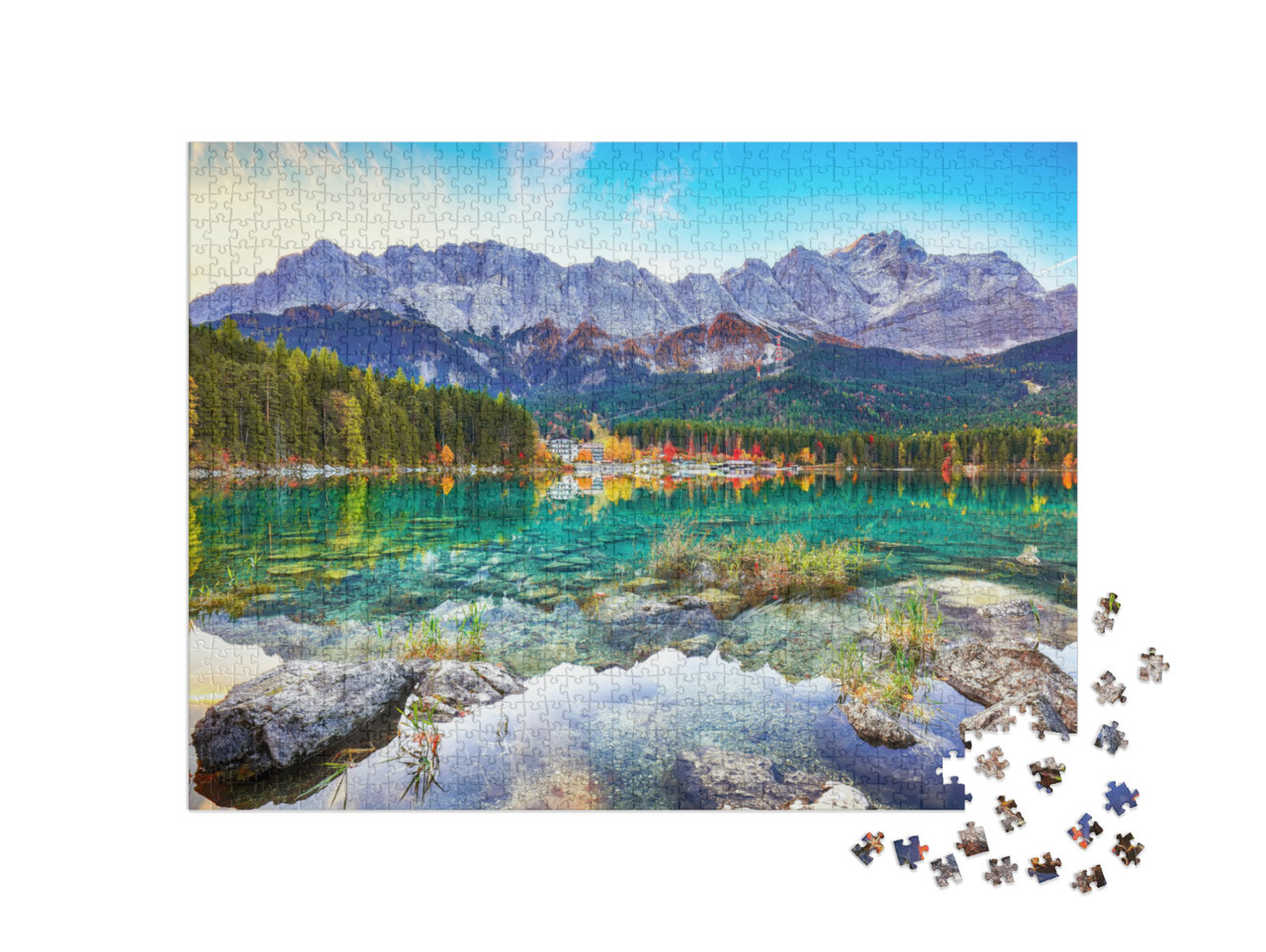 puzzle 1000 dílků „Podzim u jezera Eibsee, Bavorské Alpy, Německo“