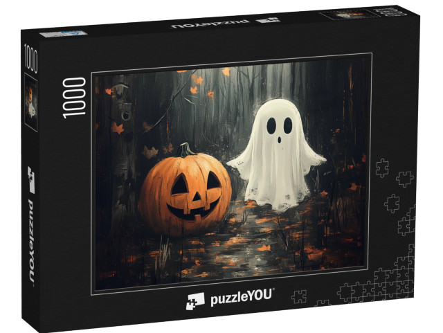 puzzle 1000 dílků „Dva přátelé na Halloween, dýně a duch“