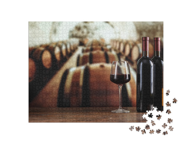 puzzle 1000 dílků „Vinný sklípek s lahví vína a sklenicemi“
