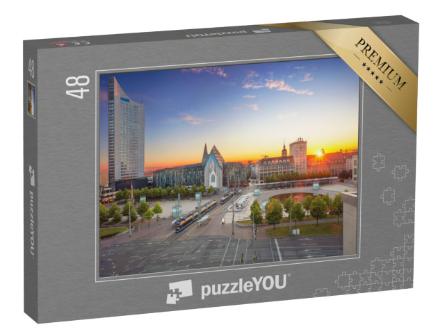 puzzle 48 dílků „Krajina Lipska: Centrum města při západu slunce“