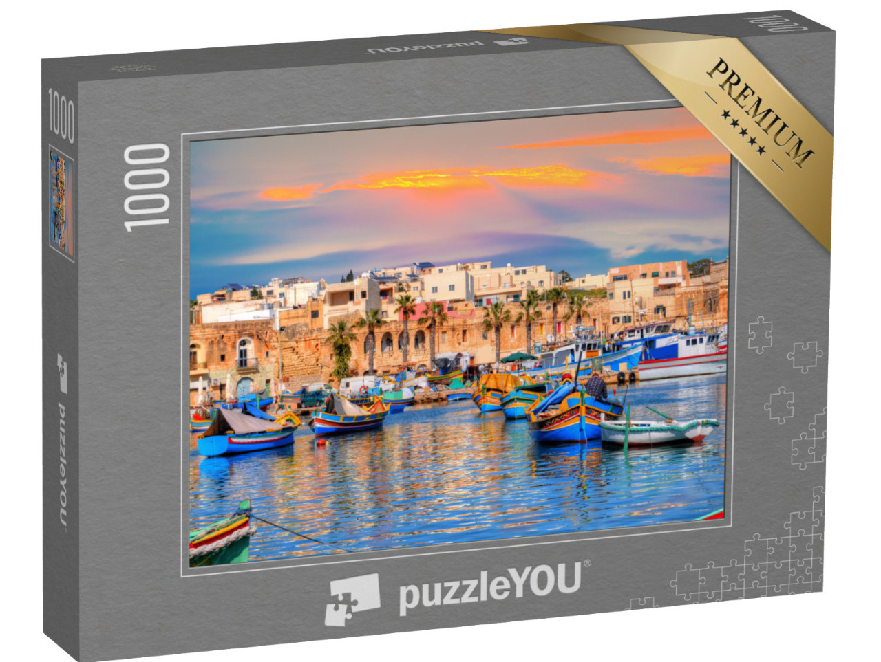 puzzle 1000 dílků „Tradiční domy a lodě v přístavu města Marsaxlokk na Maltě“