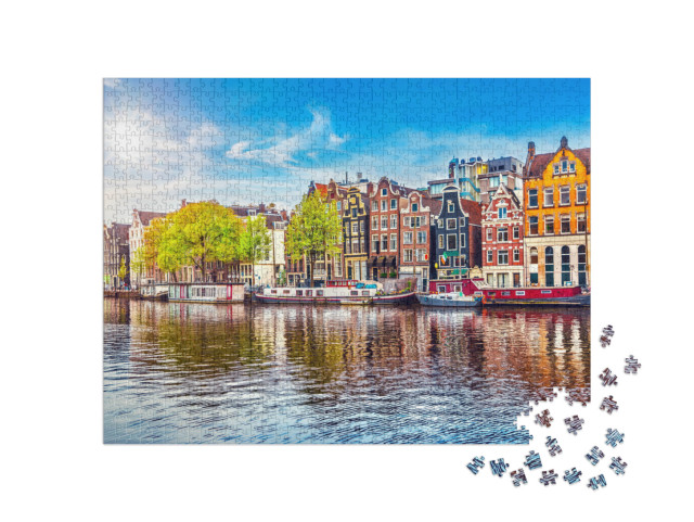 puzzle 1000 dílků „Tančící domy na řece Amstel v Amsterdamu, Nizozemsko“