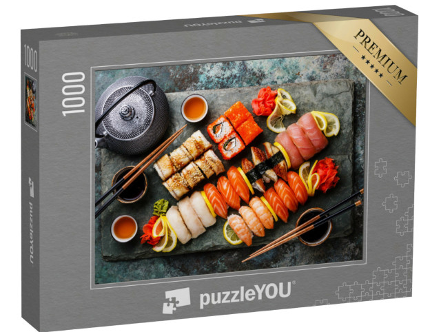puzzle 1000 dílků „Sushi set nigiri a sushi rolky s čajem“